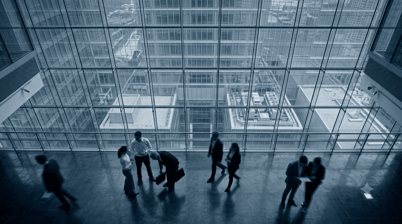 Business professionals moving through a bright glass-walled office lobby